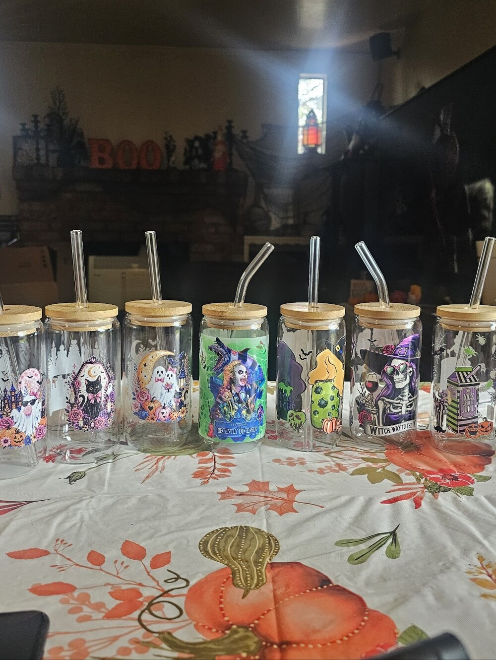 Halloween Glass Tumbler with Bamboo Lid & Straw - Green Accent
